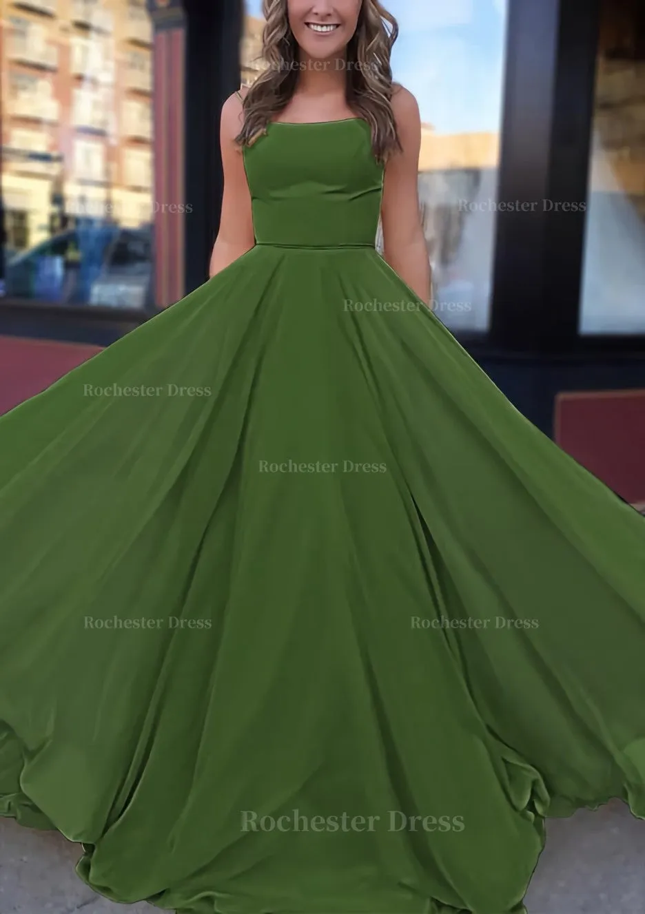 A-line Bateau Spaghetti Straps Sweep Train Chiffon Prom Dress