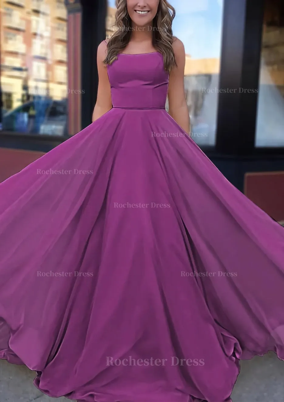 A-line Bateau Spaghetti Straps Sweep Train Chiffon Prom Dress