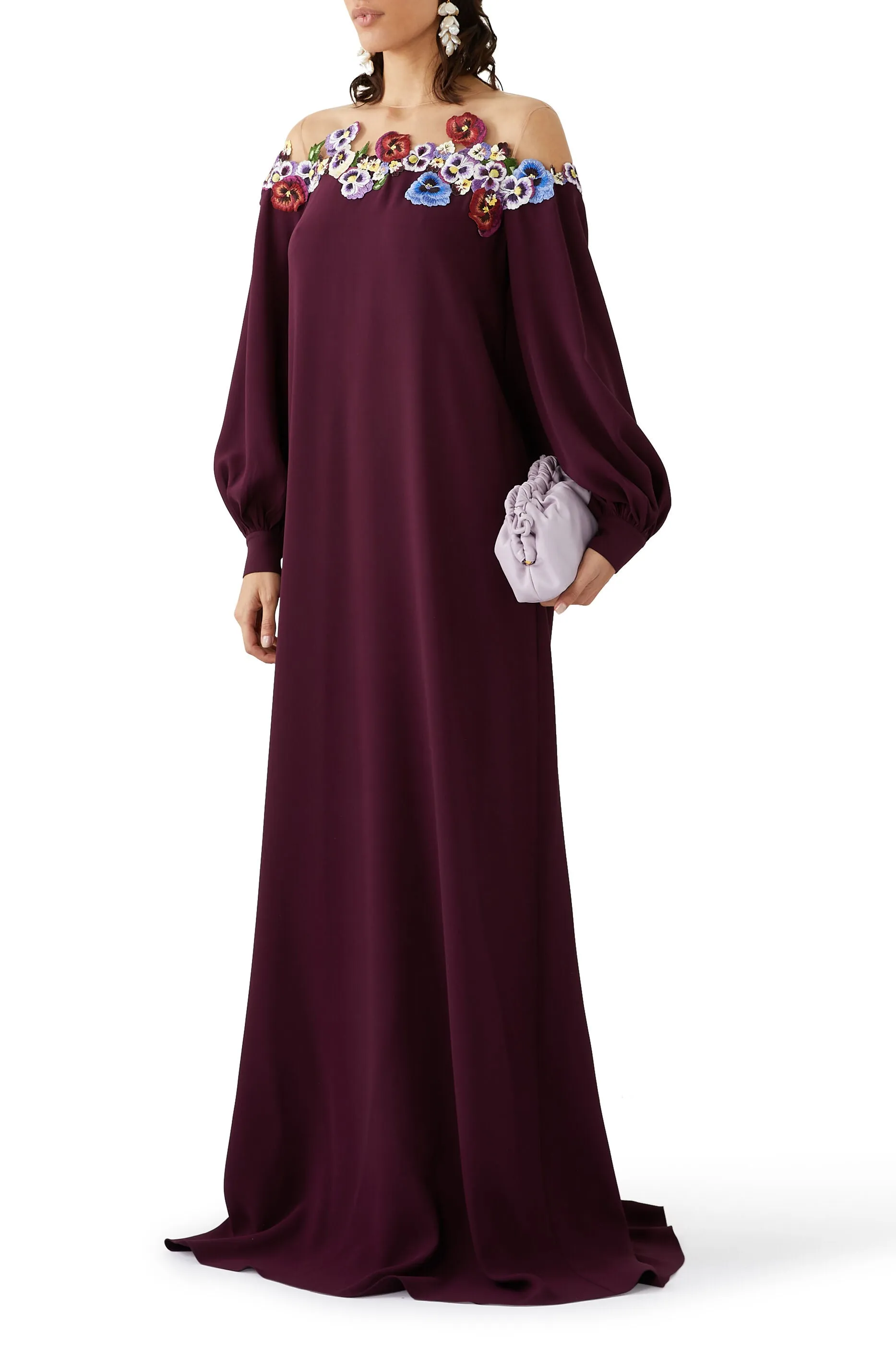 Appliqued Tulle-trimmed Silk-blend Crepe Gown