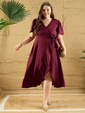 Berrylush Curve Women Solid Maroon V-Neck Flared Sleeves Tie-Up Waist Asymmetrical Hem Wrap Ruffled Maxi Dress