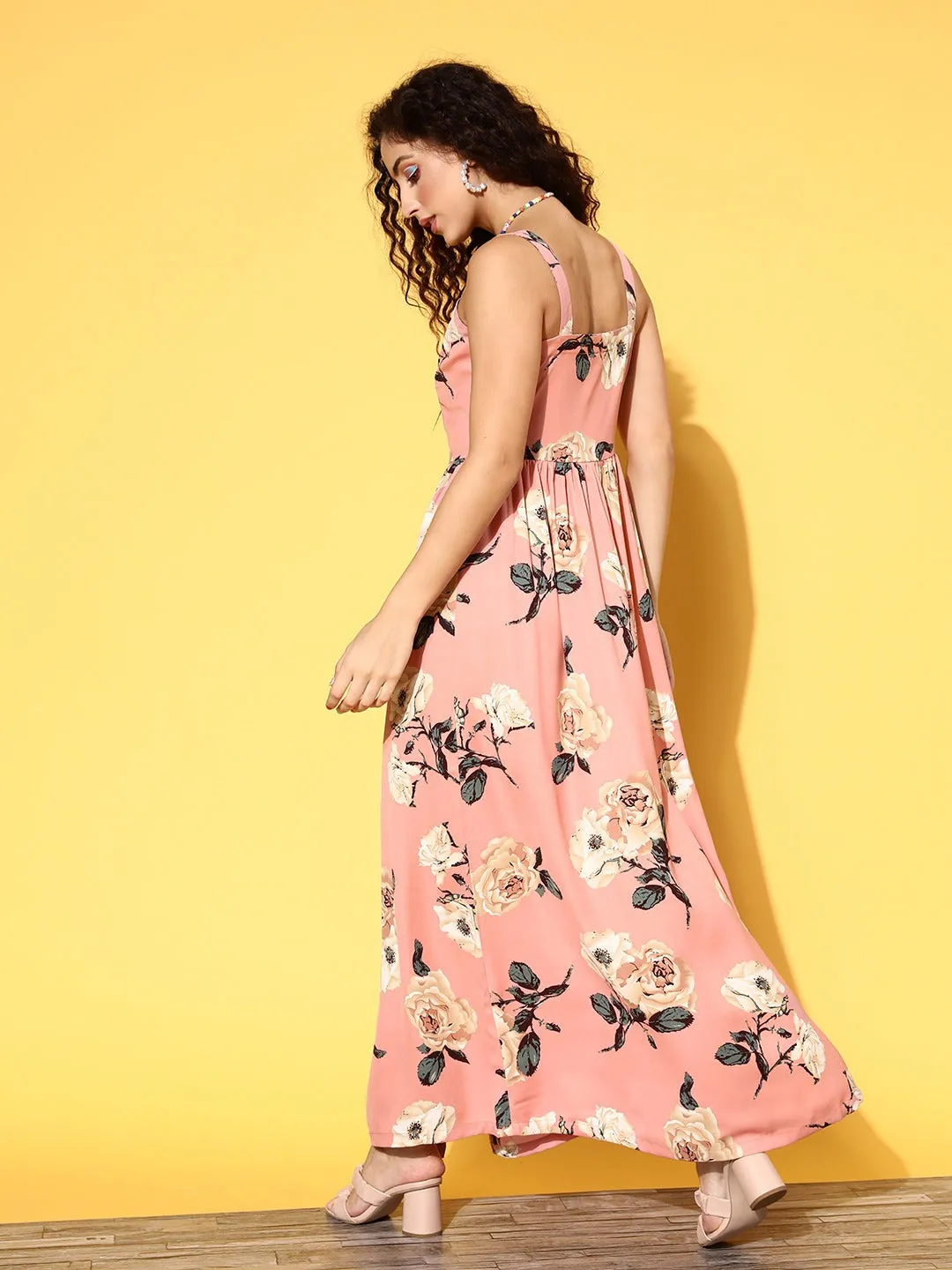 Berrylush Women Pink & Off-White Floral Printed Sweetheart Neck Front Button-Up Crepe Flared Maxi Dress