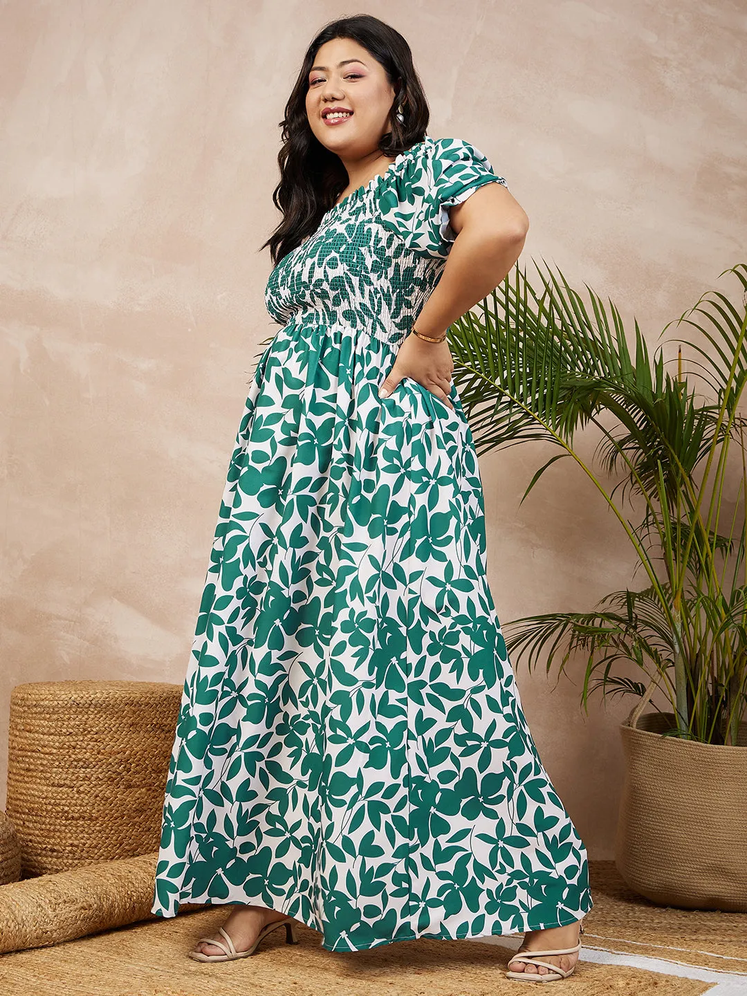 Berrylush Women Plus Size White & Green Floral Printed Strapless Neck Puff Sleeve Smocked Maxi Dress