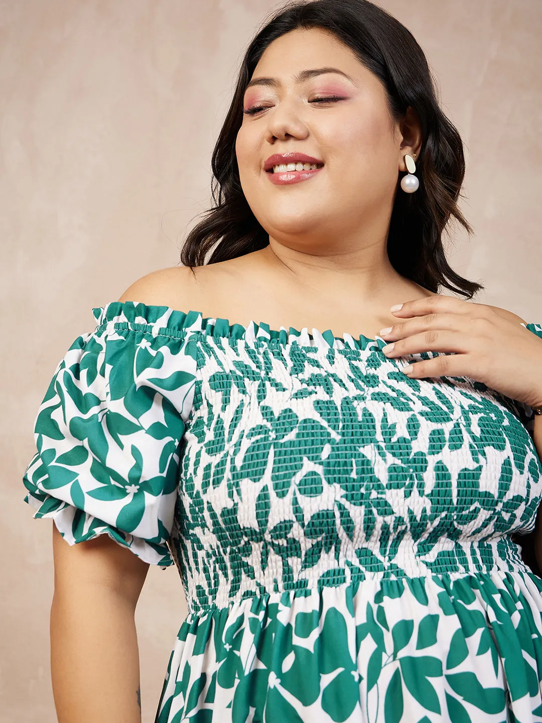 Berrylush Women Plus Size White & Green Floral Printed Strapless Neck Puff Sleeve Smocked Maxi Dress