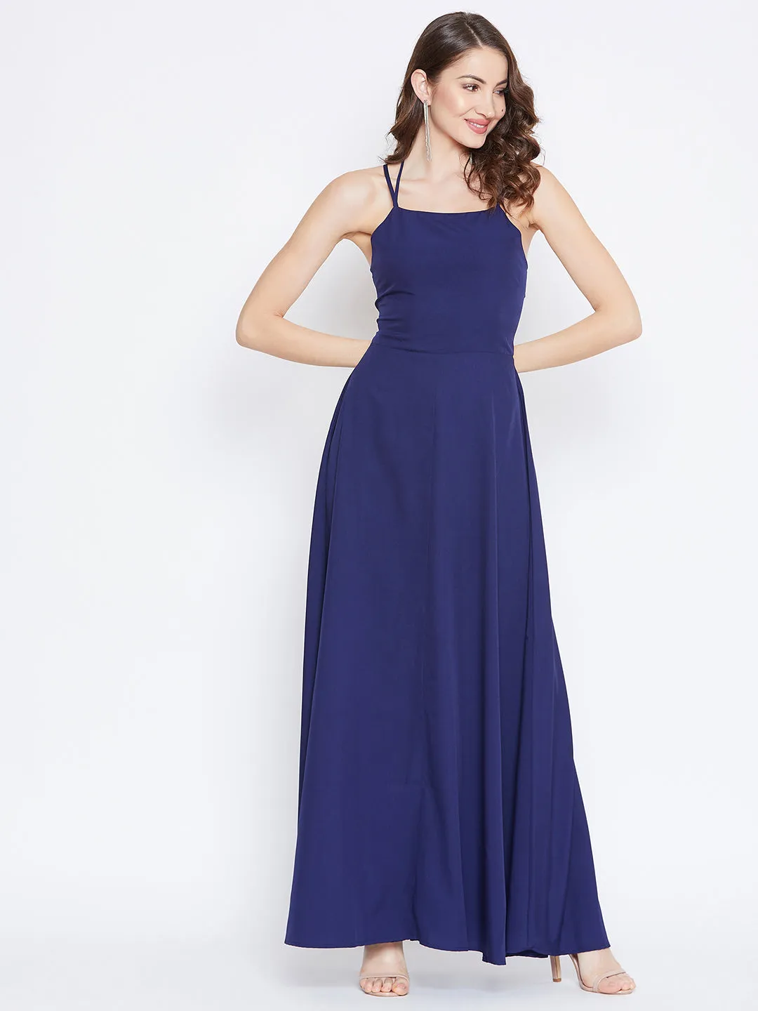 Berrylush Women Solid Navy Blue Halter Neck Caged Back Flared Maxi Dress
