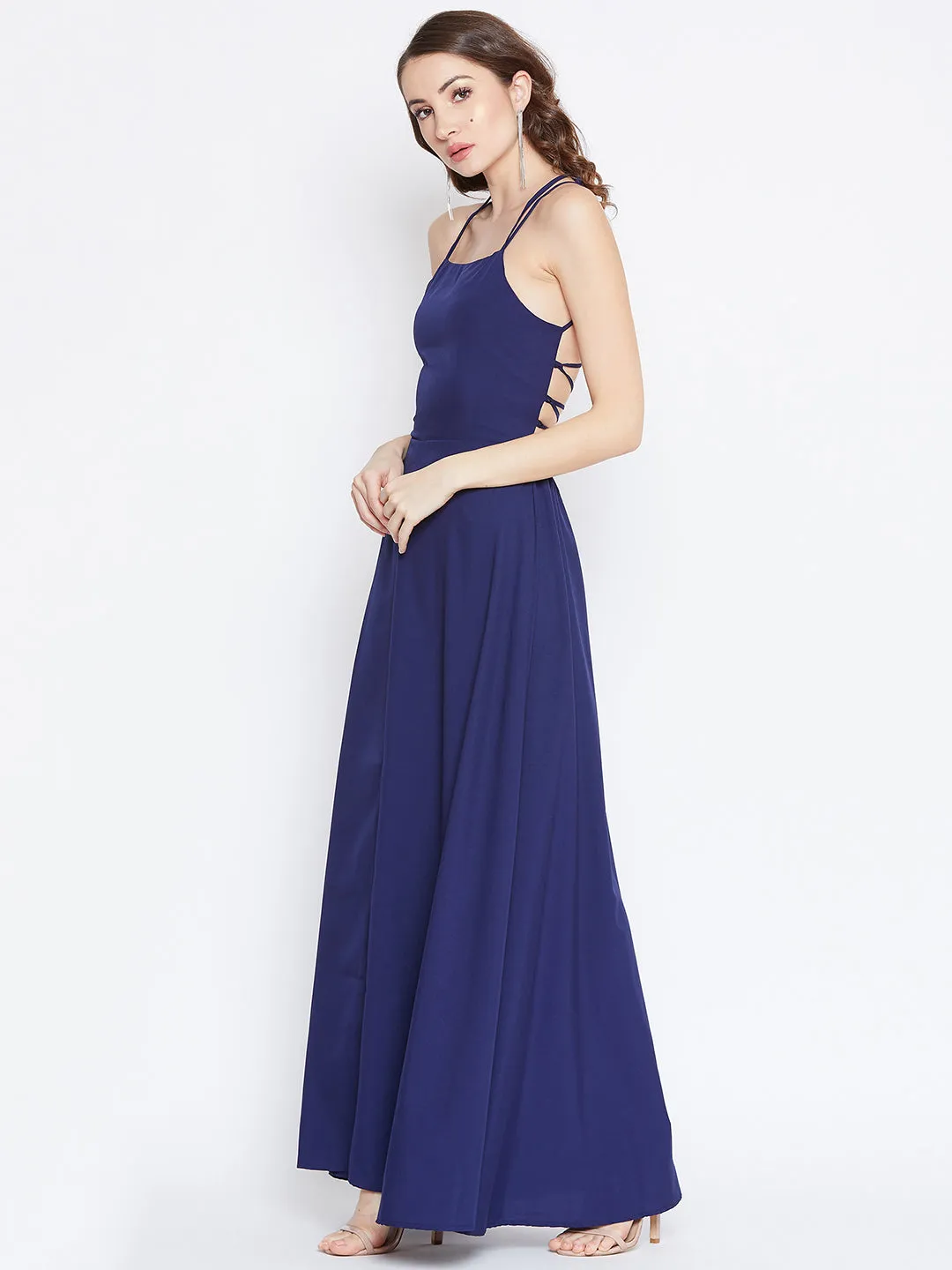 Berrylush Women Solid Navy Blue Halter Neck Caged Back Flared Maxi Dress
