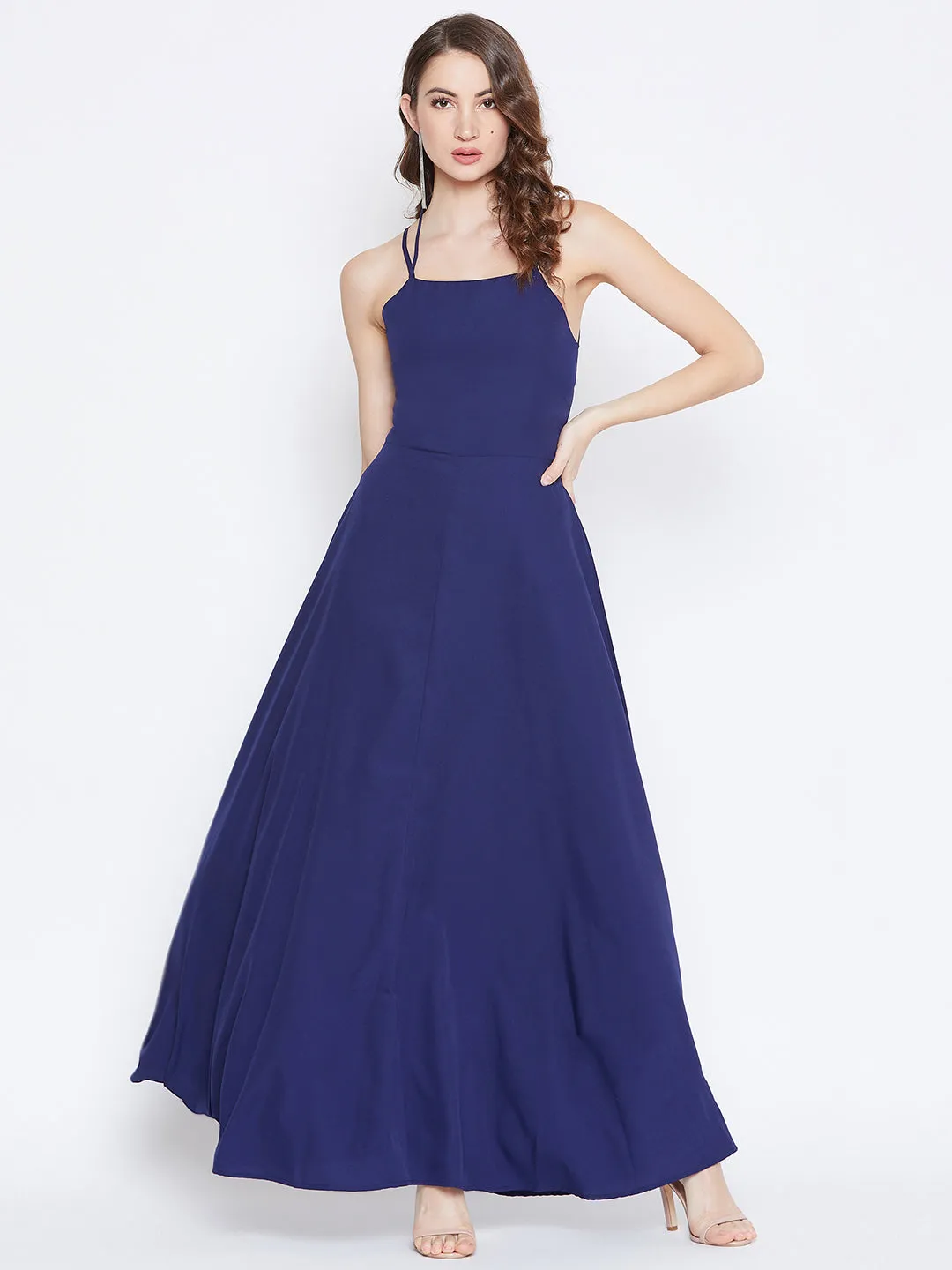 Berrylush Women Solid Navy Blue Halter Neck Caged Back Flared Maxi Dress