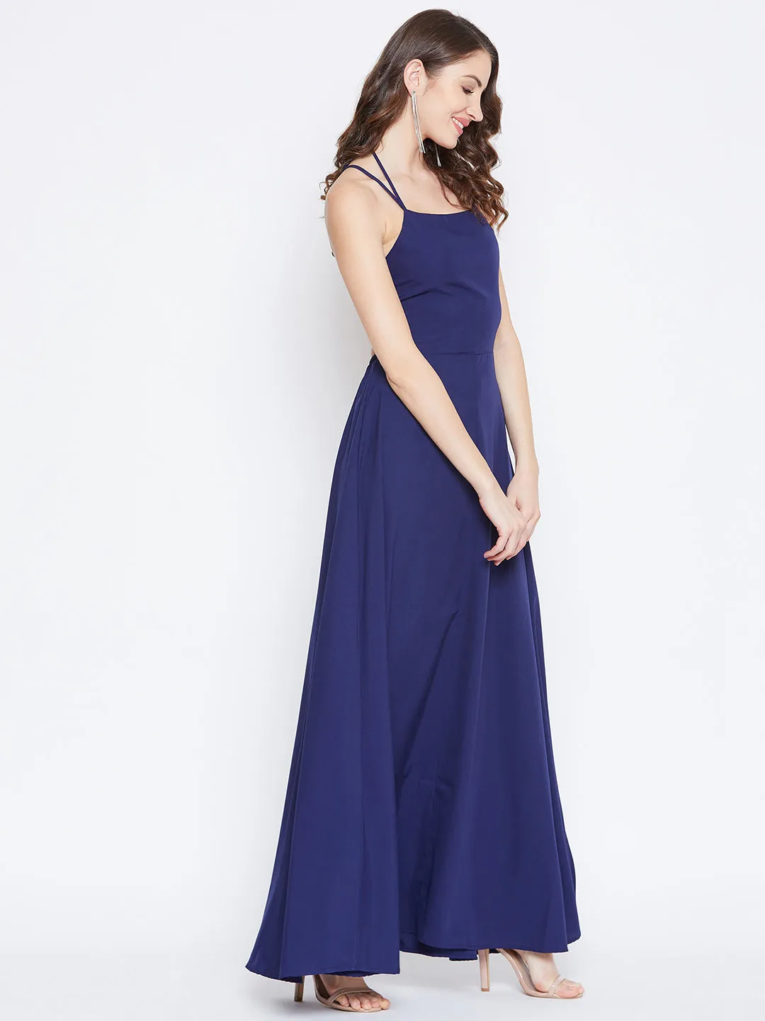 Berrylush Women Solid Navy Blue Halter Neck Caged Back Flared Maxi Dress