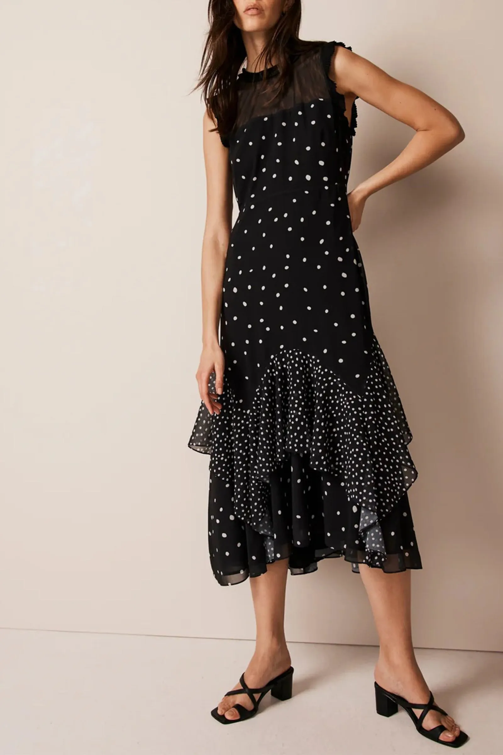 Black Spot Print Ruffle Maxi Dress