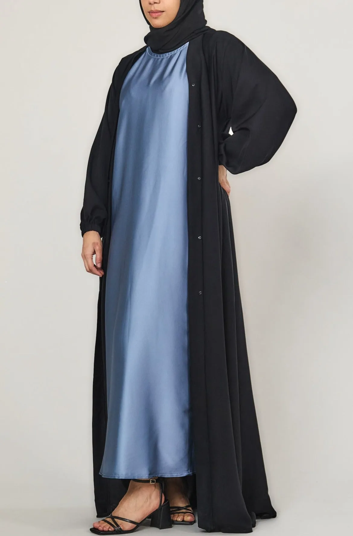 Blue Short-Sleeved Satin Abaya Slip Dress