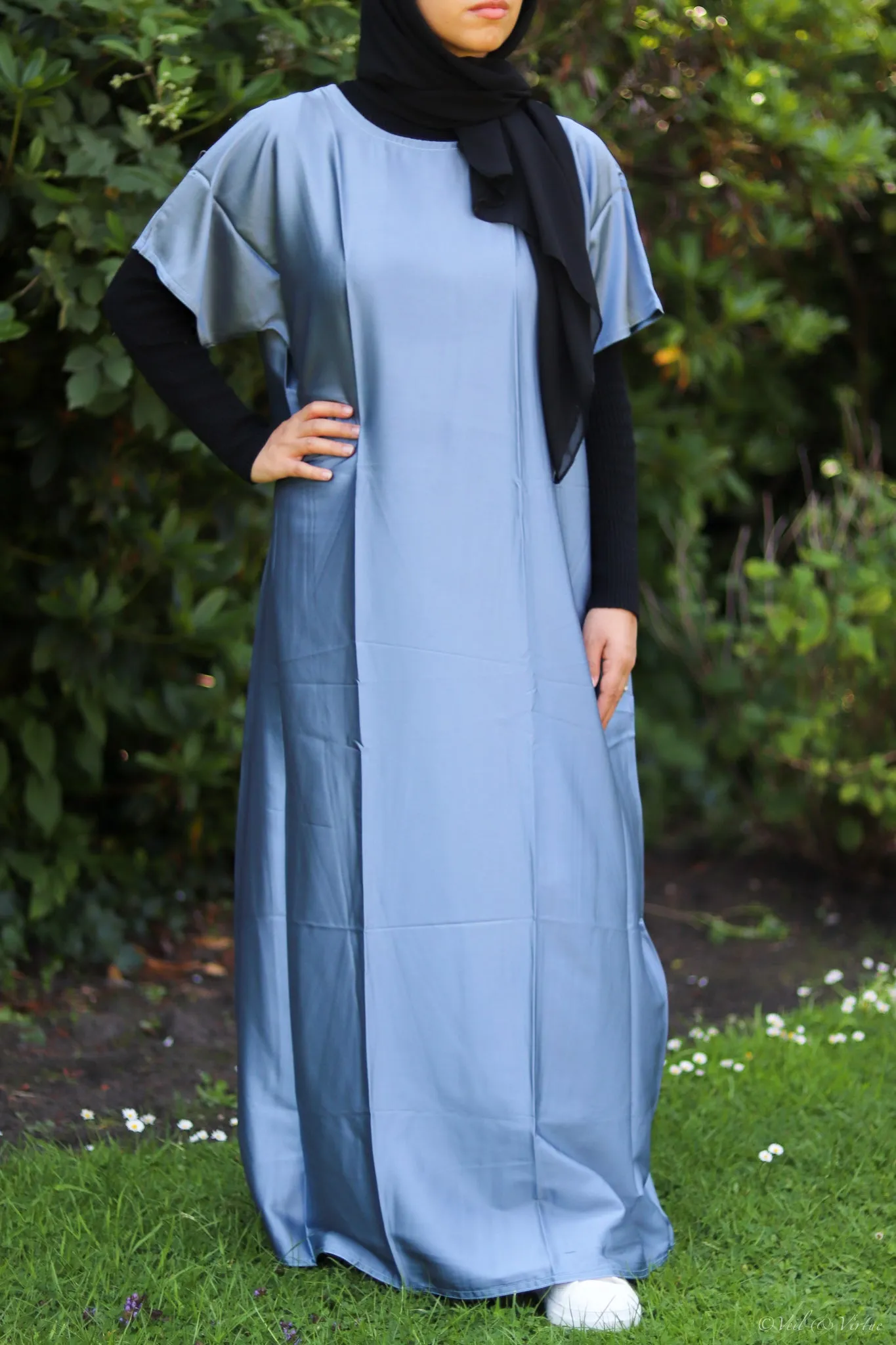 Blue Short-Sleeved Satin Abaya Slip Dress
