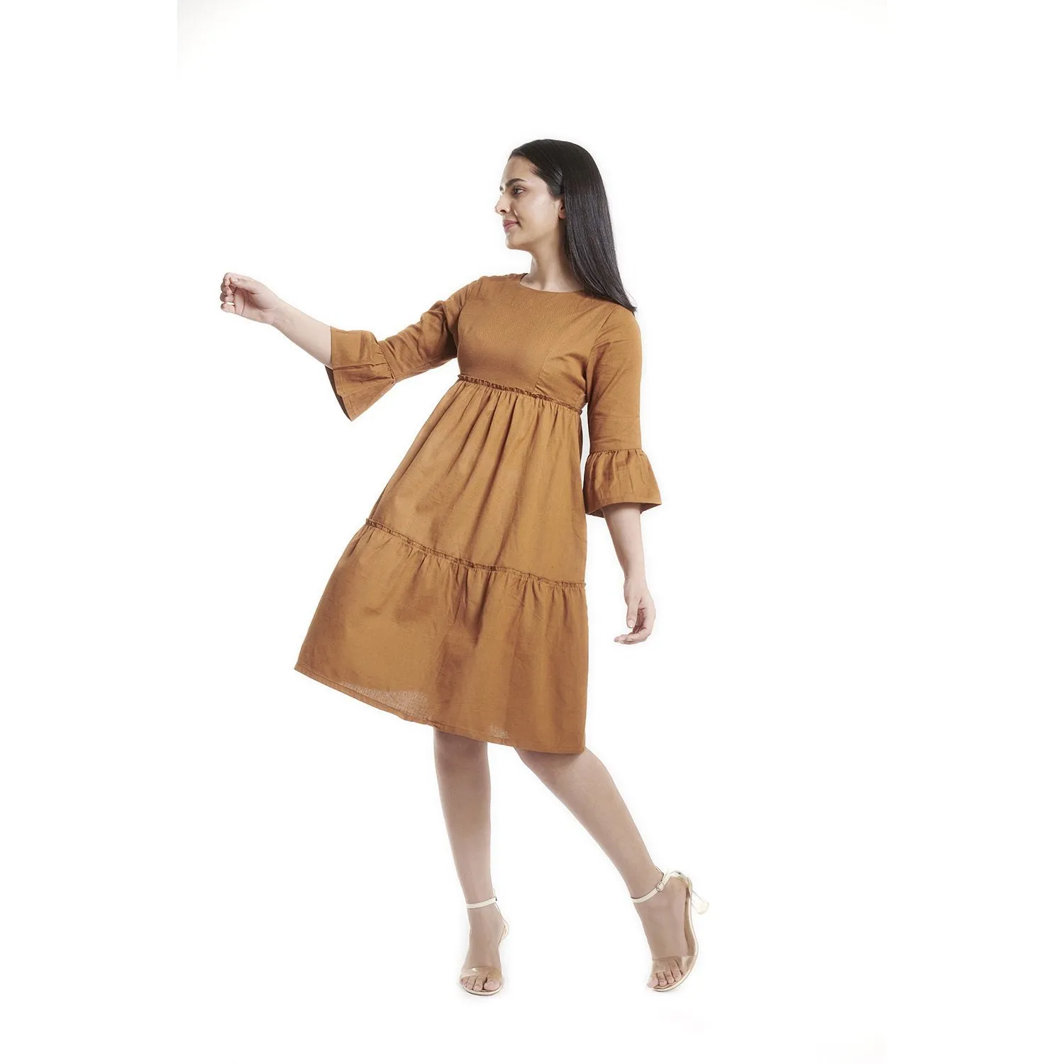 Breathable Mustard Yellow Cotton Tiered Dress