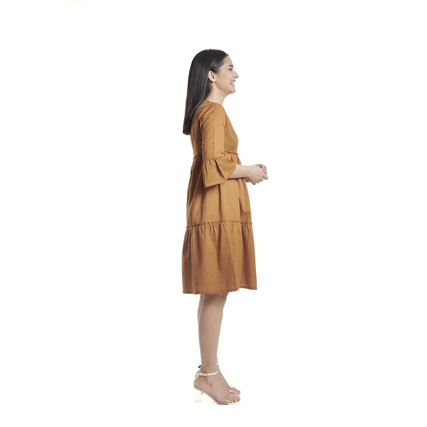 Breathable Mustard Yellow Cotton Tiered Dress