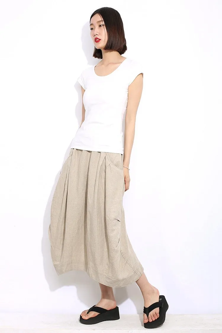 Casual Linen Skirt, Beige linen skirt, midi womens skirt, Cream Beige Mid-Length Woman's Skirt with Drawstring Waist Plus Size Clothing C321