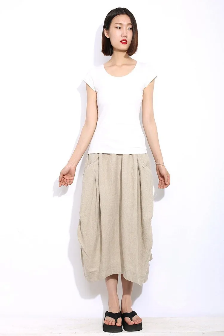Casual Linen Skirt, Beige linen skirt, midi womens skirt, Cream Beige Mid-Length Woman's Skirt with Drawstring Waist Plus Size Clothing C321