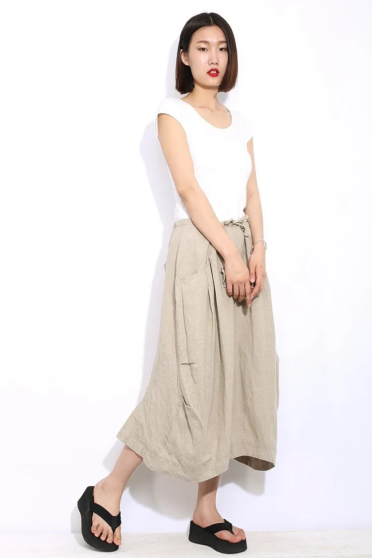 Casual Linen Skirt, Beige linen skirt, midi womens skirt, Cream Beige Mid-Length Woman's Skirt with Drawstring Waist Plus Size Clothing C321