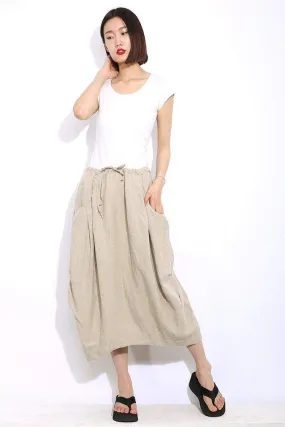 Casual Linen Skirt, Beige linen skirt, midi womens skirt, Cream Beige Mid-Length Woman's Skirt with Drawstring Waist Plus Size Clothing C321