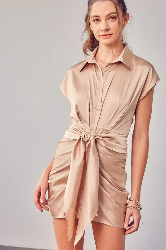 Collar button up wrap tie dress in color taupe nude
