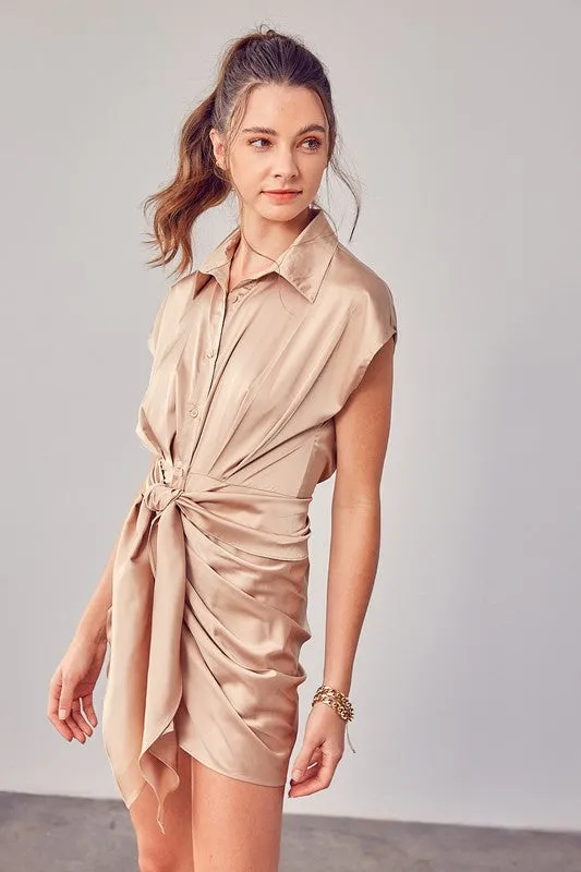 Collar button up wrap tie dress in color taupe nude