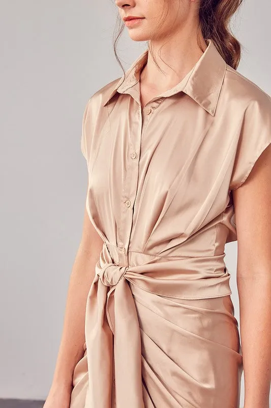 Collar button up wrap tie dress in color taupe nude