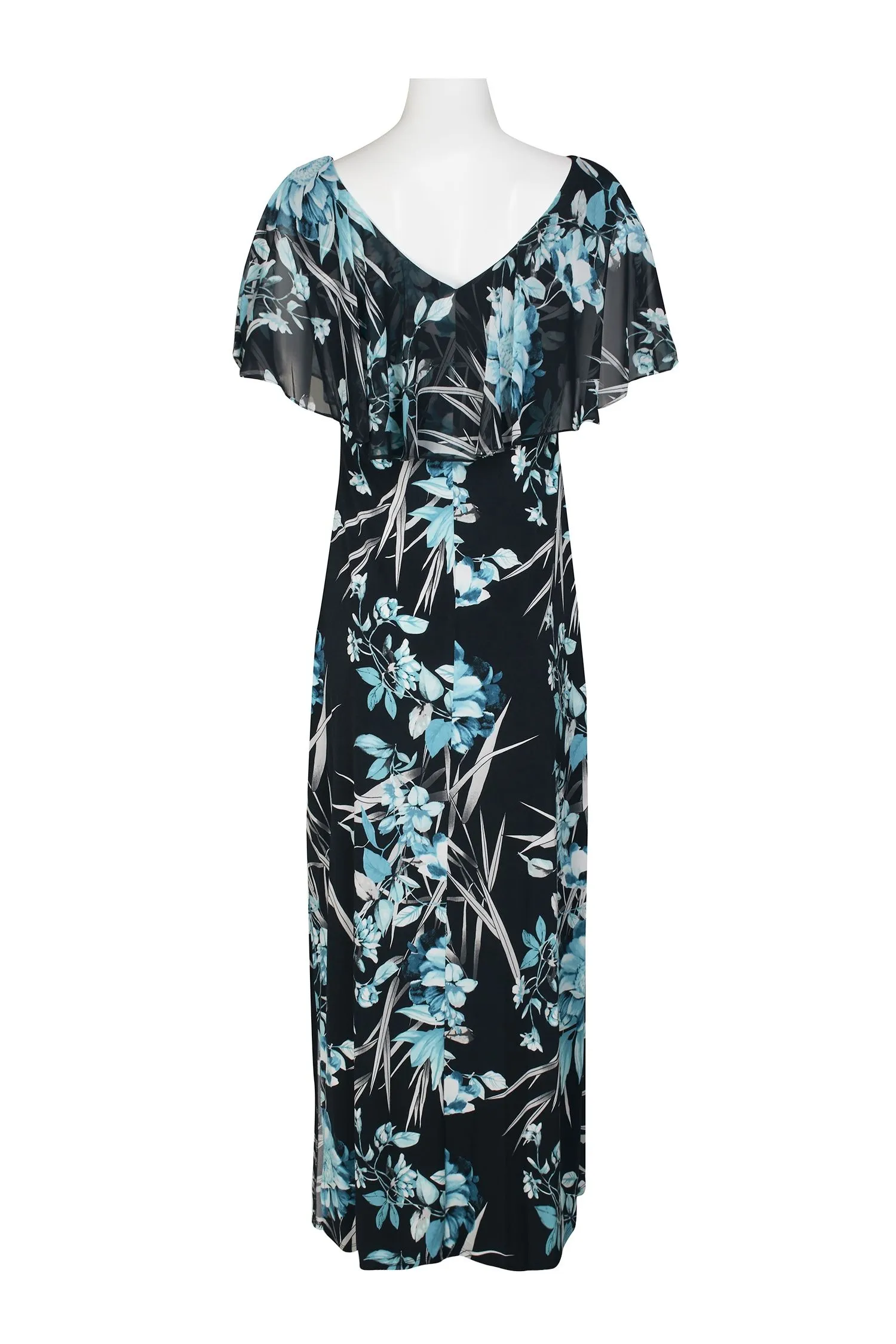Connected Apparel V-Neck Sleeveless Capelet Floral Print Gathered Side Slit Side Jersey Dress