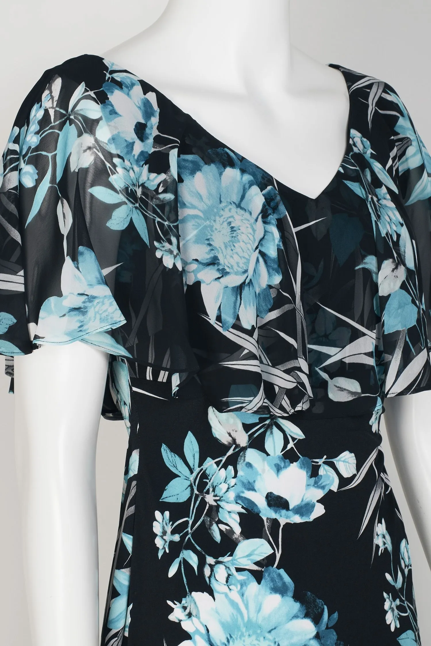 Connected Apparel V-Neck Sleeveless Capelet Floral Print Gathered Side Slit Side Jersey Dress