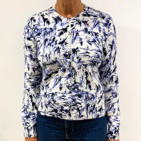 Cream Blue Splatter Effect Cashmere Crew Neck Cardigan Medium