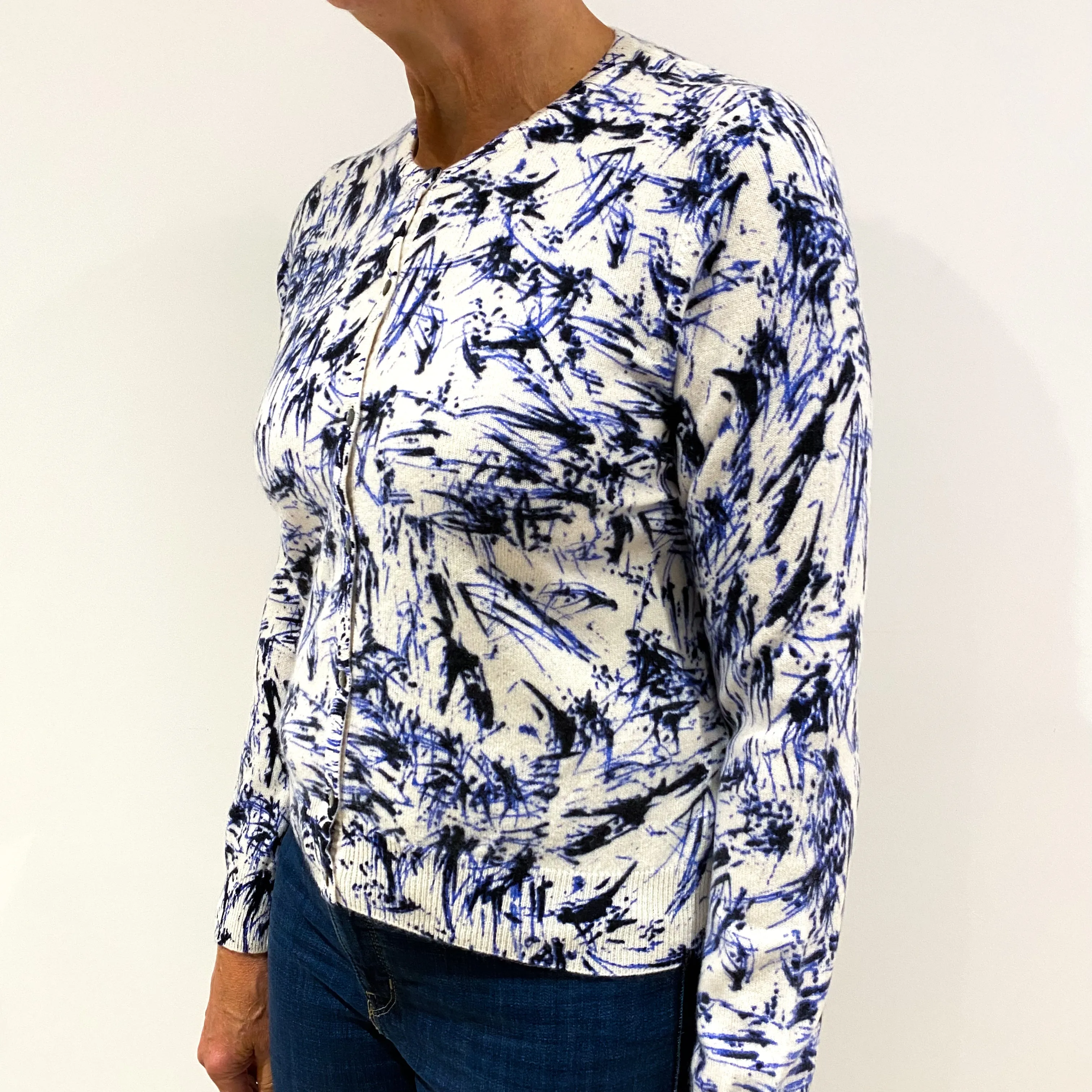 Cream Blue Splatter Effect Cashmere Crew Neck Cardigan Medium