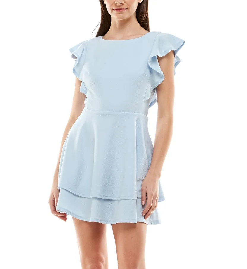 Crystal Doll Juniors' Ruffle-Sleeve Fit & Flare Dress