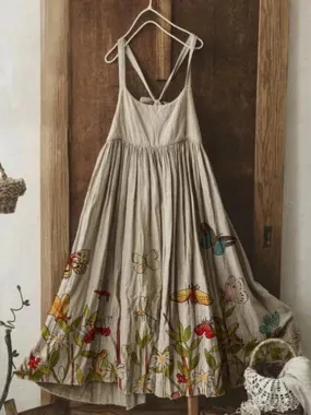 Elveswallet Vintage Sleeveless Statement Butterfly Floral Printed U Neck Plus Size Casual Dresses