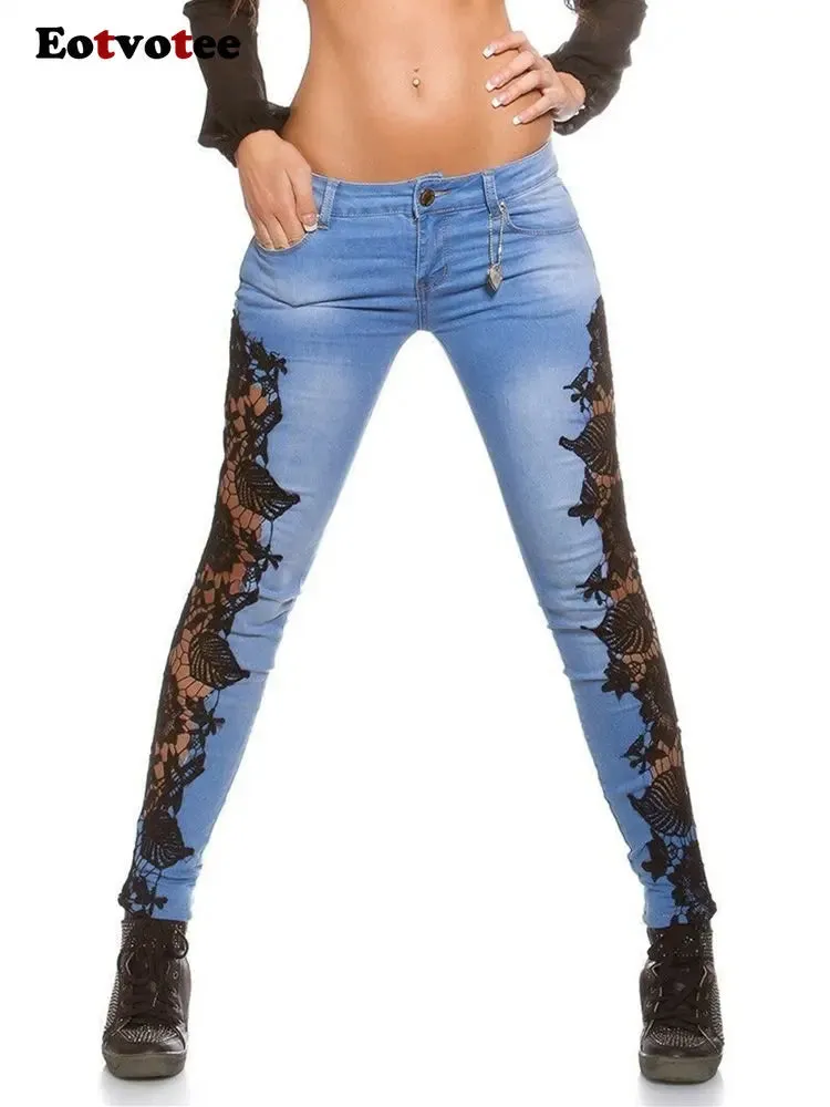 Eotvotee Lace Spliced Hollow Out Blue Jeans for Women 2023 New Fashion