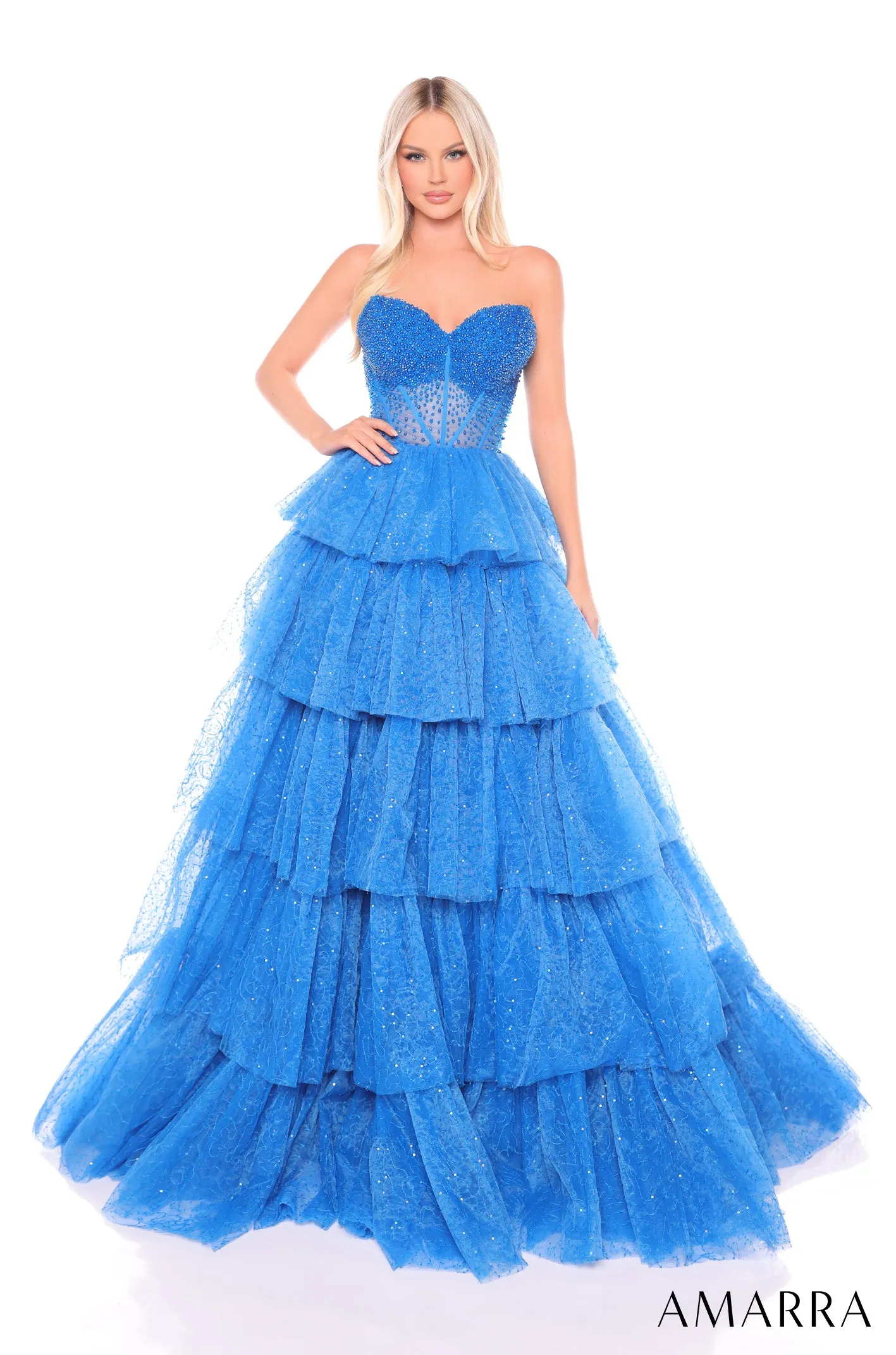 Glitter Strapless A-line Layered Gown by Amarra 88131