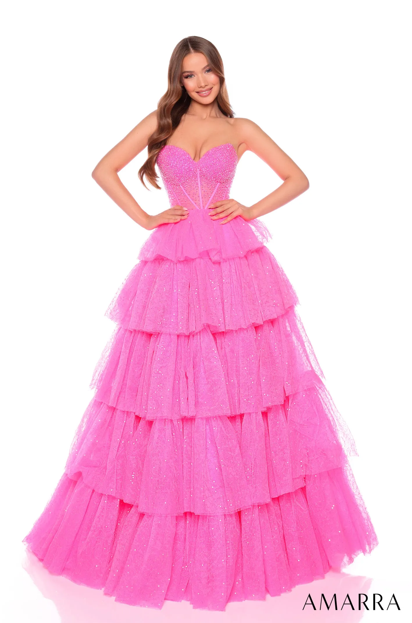 Glitter Strapless A-line Layered Gown by Amarra 88131