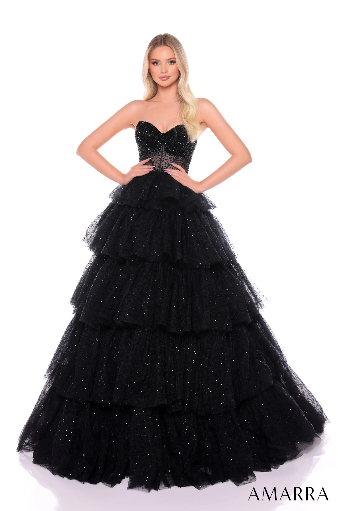 Glitter Strapless A-line Layered Gown by Amarra 88131
