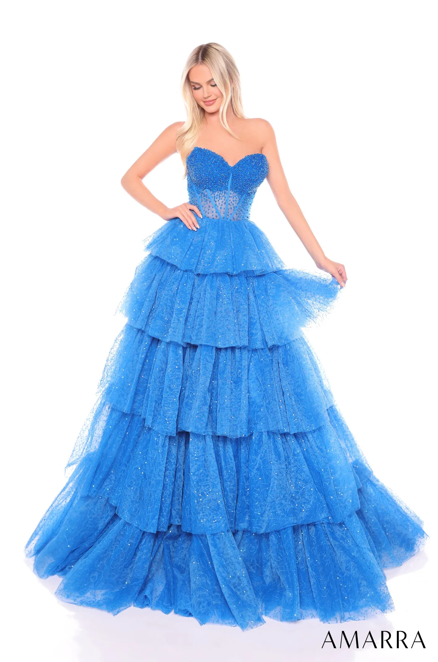 Glitter Strapless A-line Layered Gown by Amarra 88131