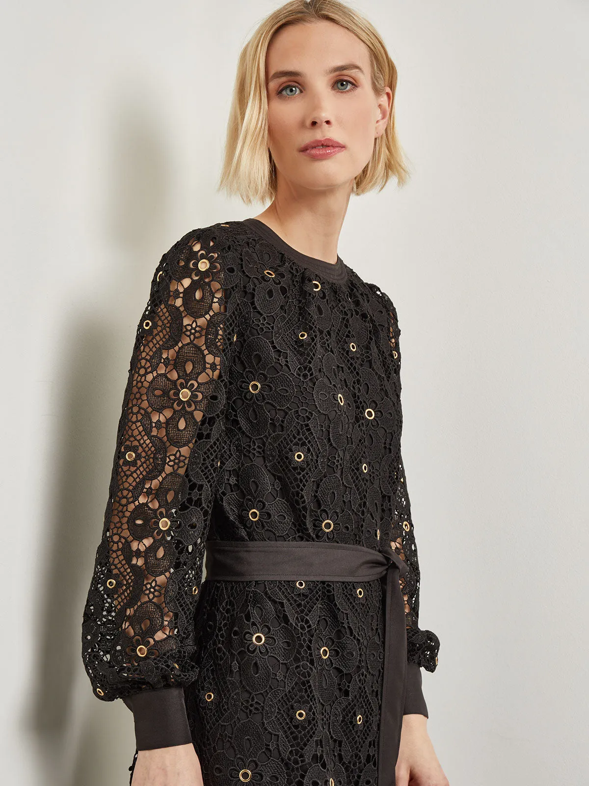 Gold Grommet Laced Shift Midi Dress