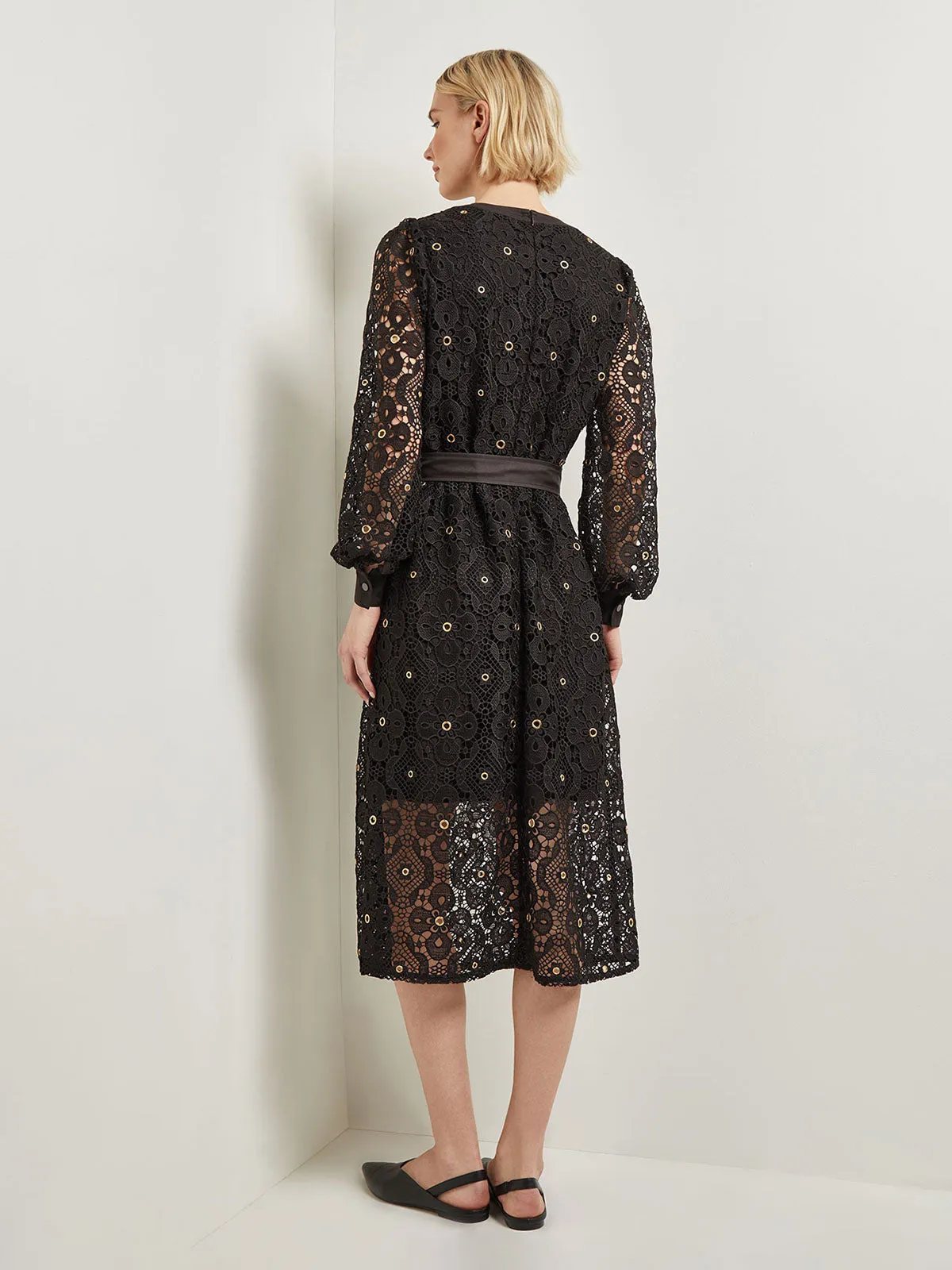 Gold Grommet Laced Shift Midi Dress
