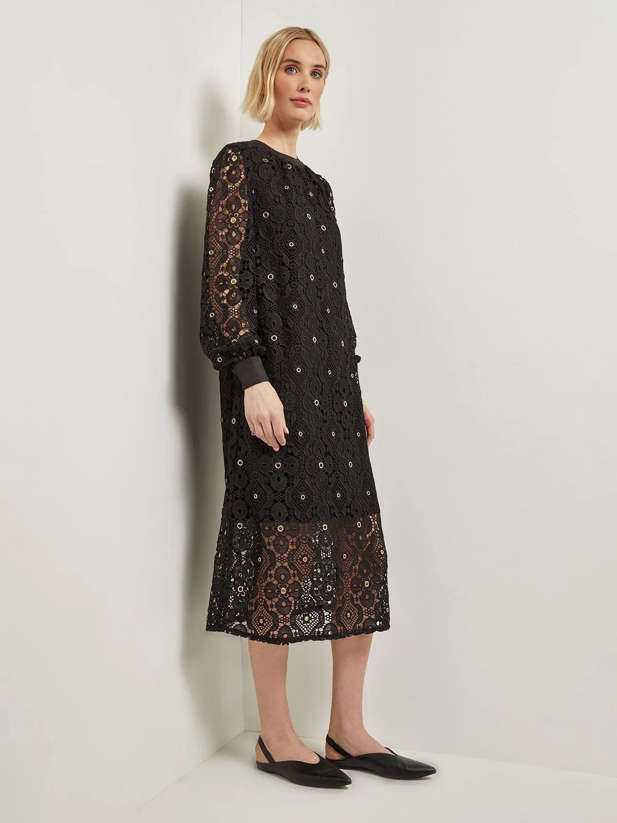 Gold Grommet Laced Shift Midi Dress
