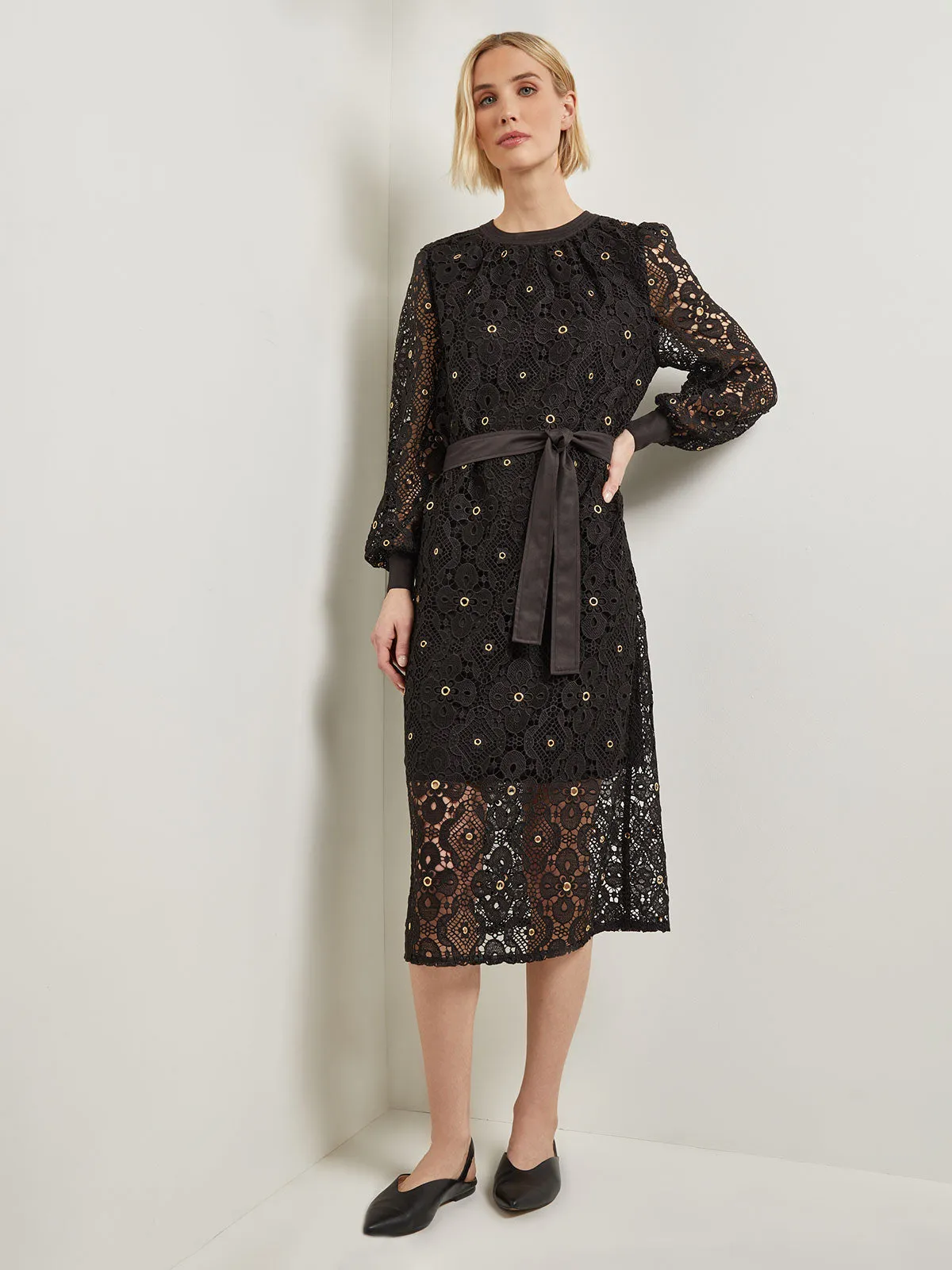 Gold Grommet Laced Shift Midi Dress