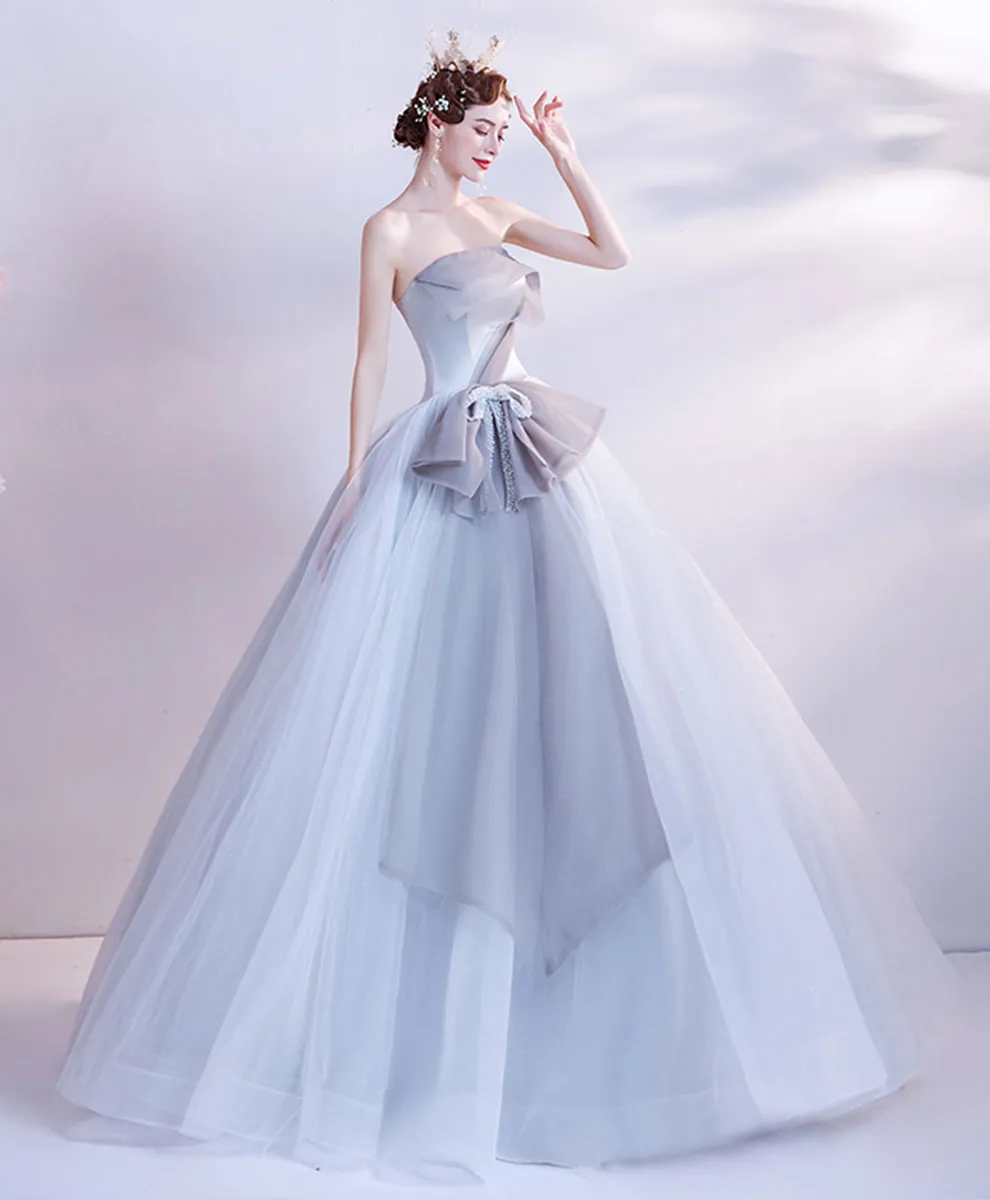 Gray Aline Tulle Long Prom Dress, Formal Gray Formal Party Dress