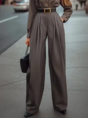 Gray High-Waisted Pleated Wide-Leg Trousers