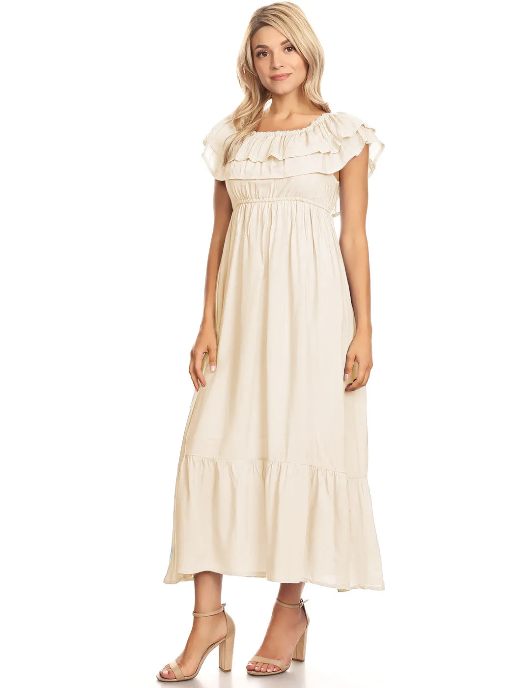 Grecian Ruffle Stretch Maxi Long Dress