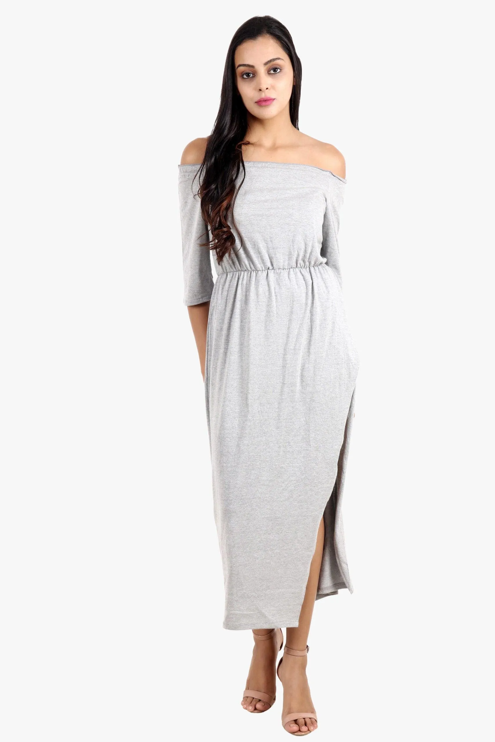 Grey Solid Off Shoulder Dress with Side Slit