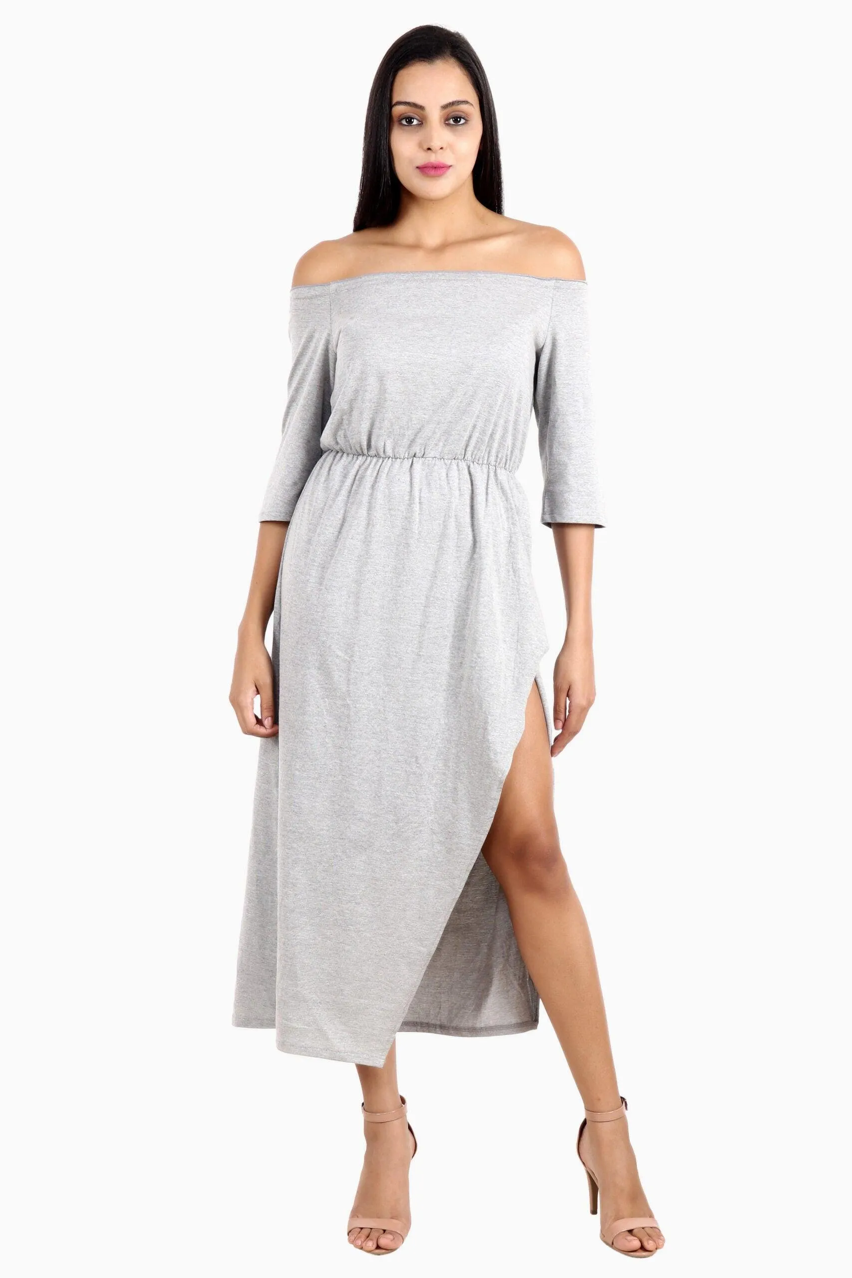 Grey Solid Off Shoulder Dress with Side Slit