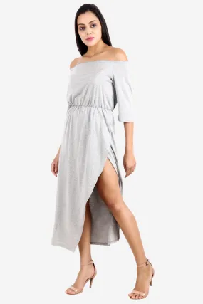 Grey Solid Off Shoulder Dress with Side Slit