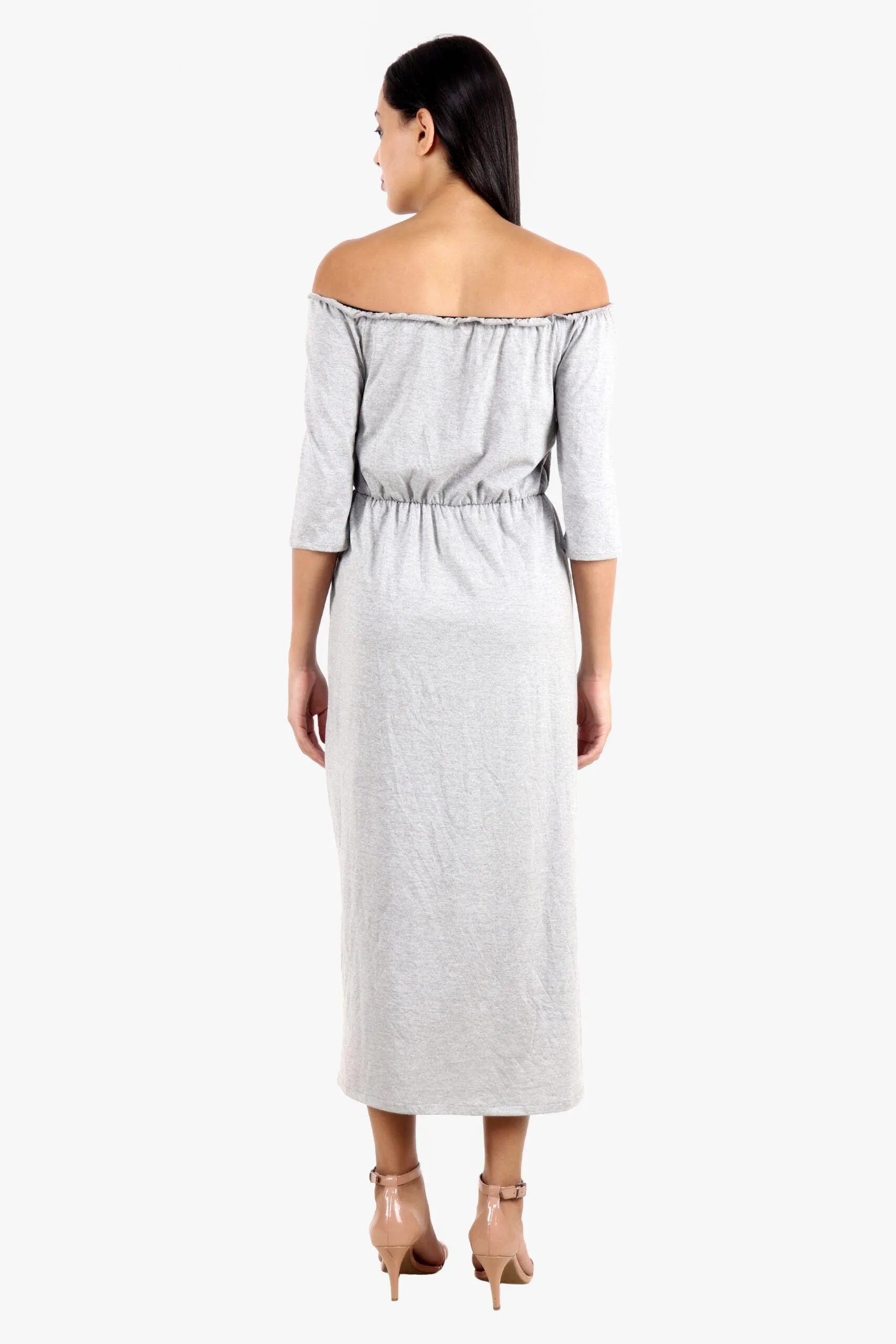 Grey Solid Off Shoulder Dress with Side Slit