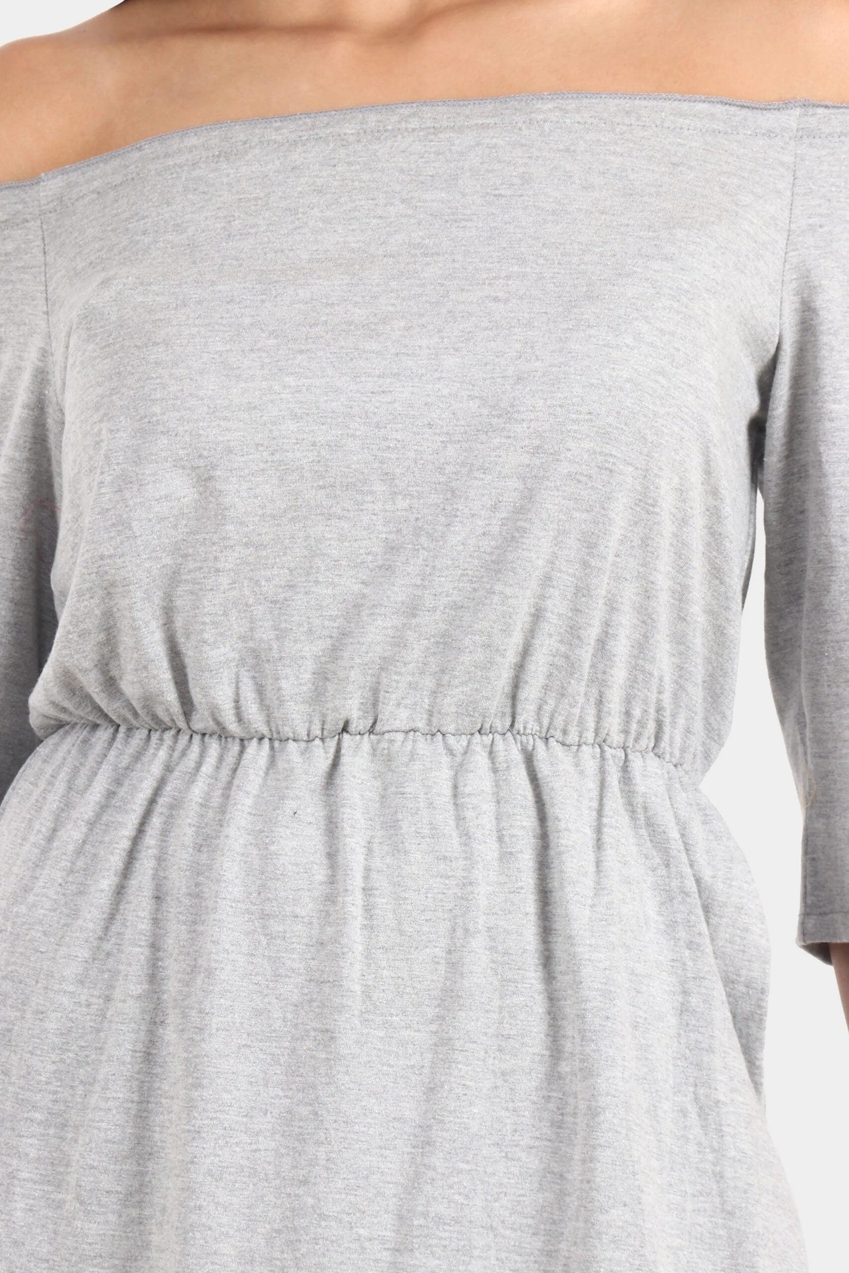 Grey Solid Off Shoulder Dress with Side Slit