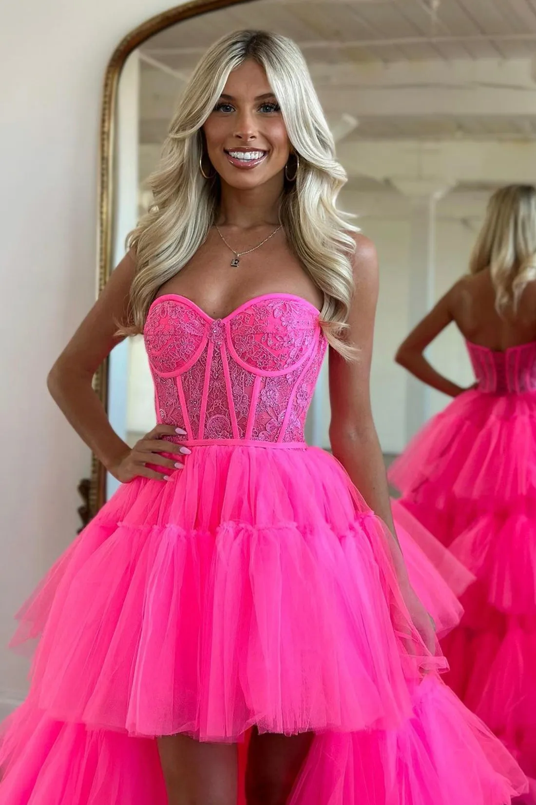 Hot Pink Strapless Tulle Lace Long Prom Dress, Cute A-Line High Low Evening Dress