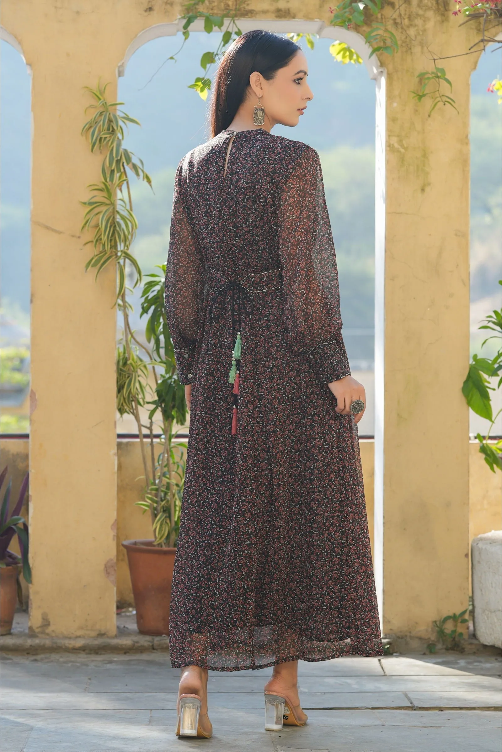 Jashvi Black Floral Printed Chiffon Flared Maxi Dress With Buttons.