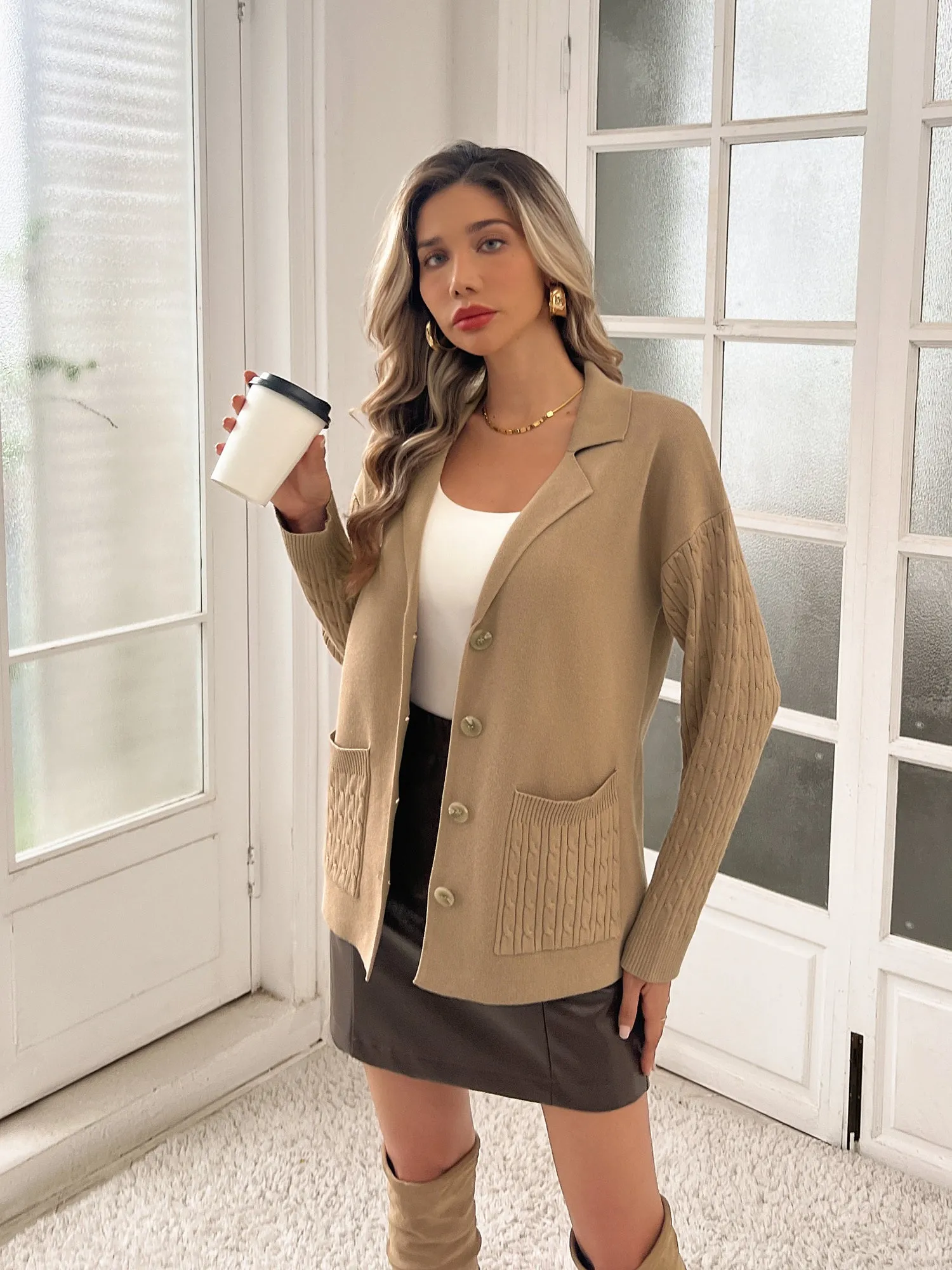KK Women Notch Lapel Cardigan Dropped Shoulder V-Neck Sweater Knitwear
