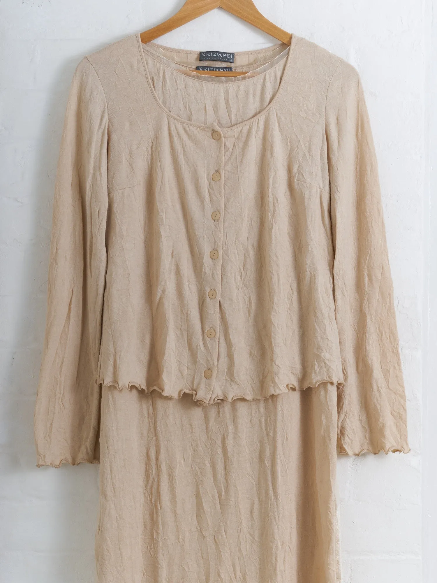 Krizia Poi wrinkled beige poly cotton cardigan and sleeveless dress set - 42 40